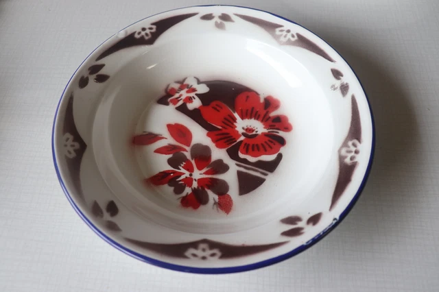 BELLE ANCIENNE ASSIETTE EN TÔLE ÉMAILLÉE - DÉCOR FLEUR - ASSIETTE CREUSE 22 cm