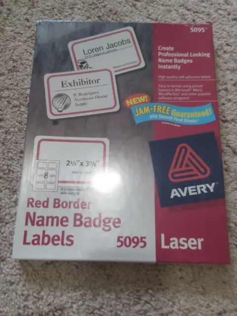 Avery 5095 Qty 400 Red Border Name Badge Sticker Labels, Laser, 2 1/3" X 3 3/8"