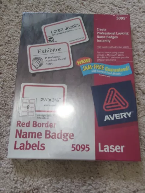 Avery 5095 Qty 400 Red Border Name Badge Sticker Labels, Laser, 2 1/3" X 3 3/8" Avery 5095 Qty 400 Red Border Name Badge Sticker Labels, Laser, 2 1/3" X 3 3/8"