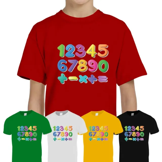 Kids Boys Girls Colourful Number Day Maths Symbols School Tee T-Shirt Top - D1