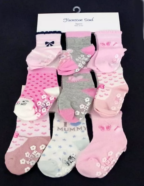 Baby, Kleinkind Mädchen ABS Baumwollmischung rutschfeste Socken 3 Paar Größe 0-12 Monate