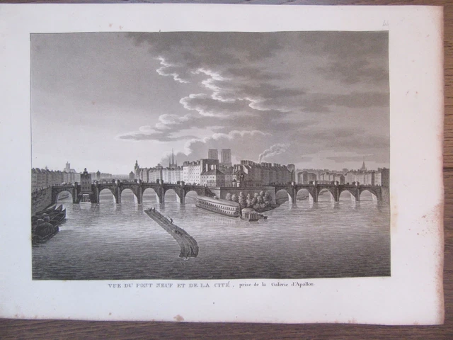 Gravure 1839 Paris Vue Du Pont Neuf Et De La Cite Prise De La Galerie D'apollon