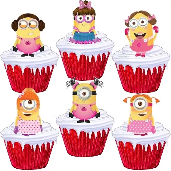 22 Minions Pink Stand Up Cup Cake Toppers Edible Girls Party Decorations