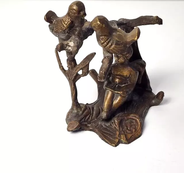 Vintage Brass Bronze Metal Candle Holder Reading Cherub Angel Birds on Branch