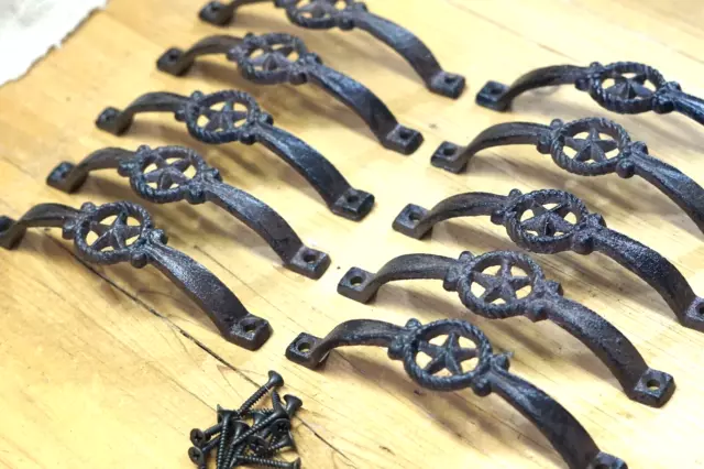 10 Cast Iron RUSTIC Drawer Pulls Handle Texas Star Fancy Western Cowboy Cabinet