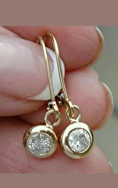 2Ct Round Solitaire Bezel Setting Dangle Leverback Earring 14k Yellow Gold Over