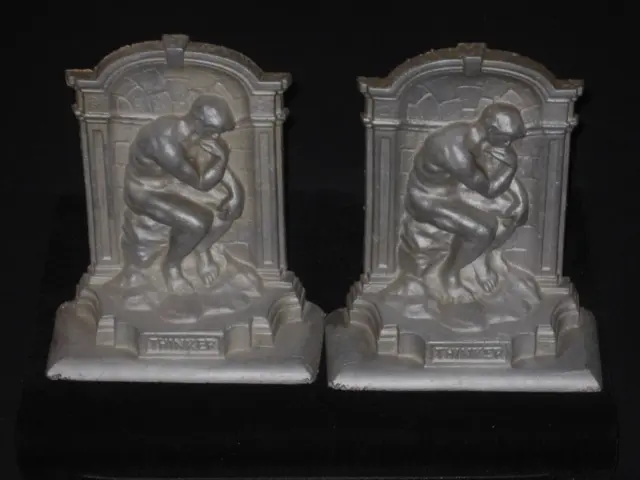 Vintage-Pair of "THE THINKER" Heavy CAST IRON Silver Bookends Art Sculpture
