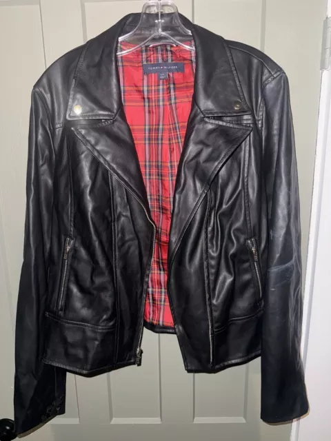 Tommy Hilfiger Women's Faux-Leather Moto Jacket Zippered Pockets Size large 3