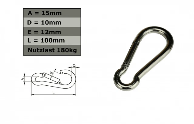 Mousqueton Inoxydable 10mm x 100mm V4A Crochets Oeillet Câble de Traction Niro