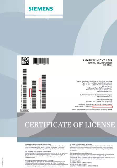 Siemens 6AV6381-2BH07-4AH0 license WinCC system software V7.4 SP1, RT 8192