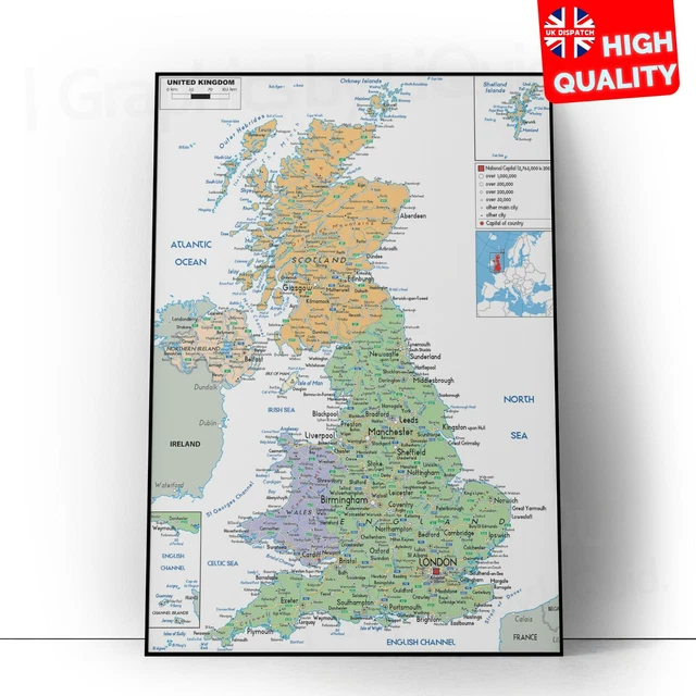 UK COUNTRIES MAP Educational Wall Chart Poster Print A5 A4 A3 A2 A1