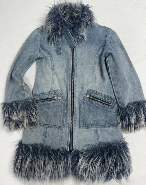 TARGET 90s Vintage Blue Denim Jacket Midi W/ Fake Furry Size 8 Girls Winter Wear
