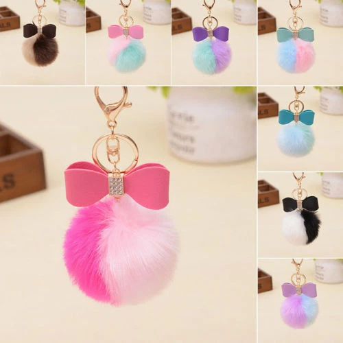 Rabbit Fur Pom-pom Key Chain Bag Charm Fluffy Puff Ball Bow Car Pendant Key Ring