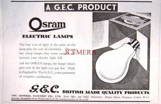 G.E.C. OSRAM Electric Lamps 1933 Advert Print - Original Lightbulb AD