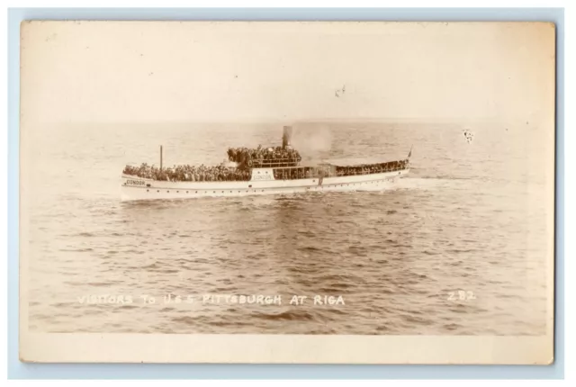 Visitors USS Pittsburgh Riga Latvia Condor Steamer Ship RPPC Photo Postcard