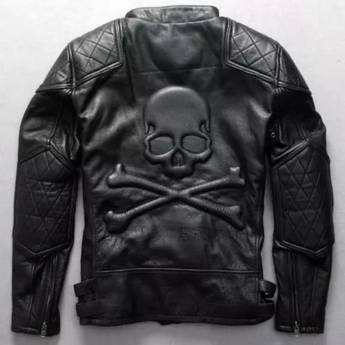 Real Lambskin/Cowhide black slim fit Moto biker Black leather jacket with skull