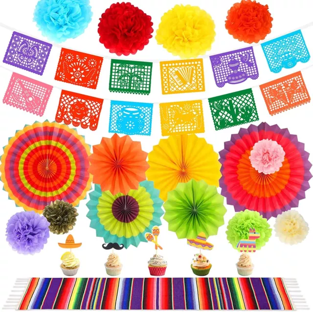 43pcs Cinco de Mayo Paper Fans Banner Mexican Fiesta Party Table  Decorations Set