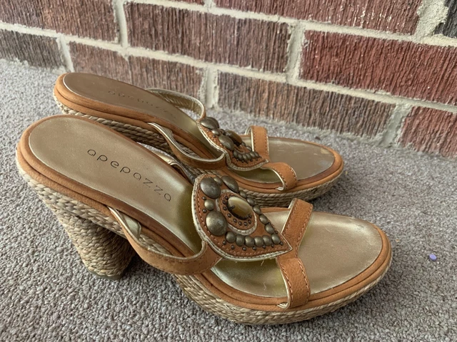 Sandales à Talons Coulissants Nine West - Cuir Naturel Foncé - Talon Bois 4,5 Pouces - Taille 9.5