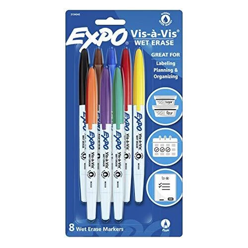 EXPO Vis-a-Vis Wet Erase Markers, Fine Point, Assorted Colors, 8 Count