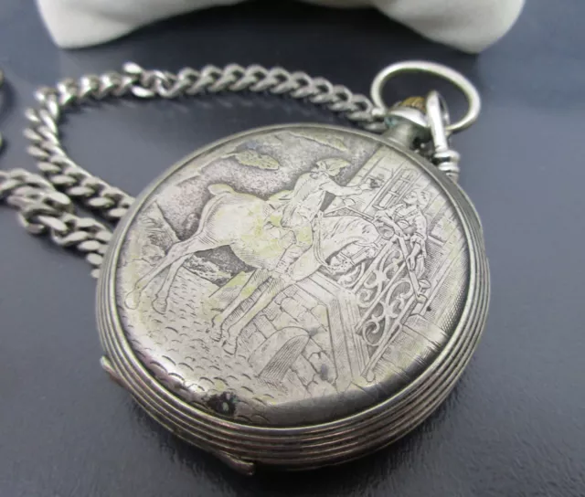 ancienne montre gousset en ARGENT mécanique Très belle Gravure Old Pocket Watch