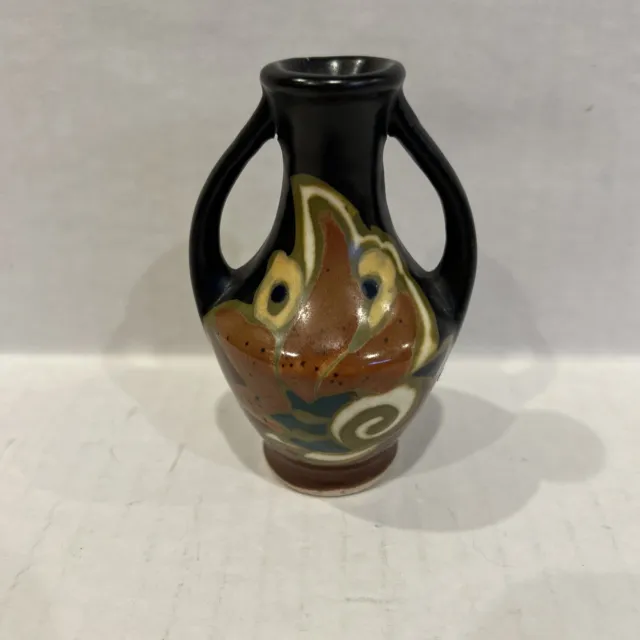 Vintage GOUDA-Style Japanese Ceramic Pottery Vase/Urn Black w/ 2 Handles 3-3/4 H