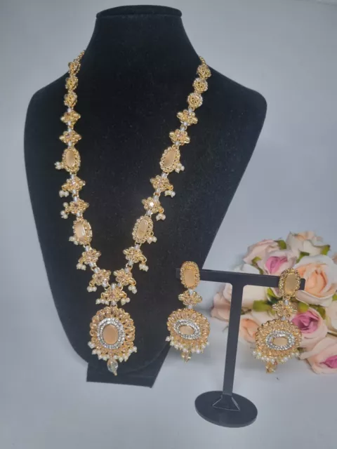 Indian Pakistani 2 piece gold Mala set with Champagne stones And Pearl