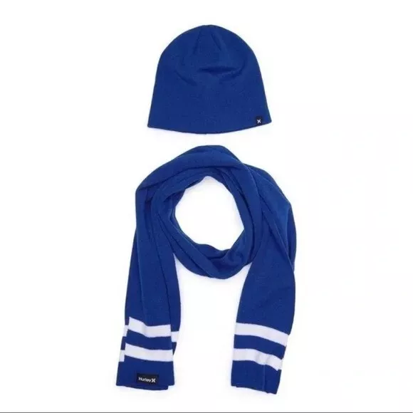 Hurley New Yorker Beanie & Scarf 2-piece Set Blue and White