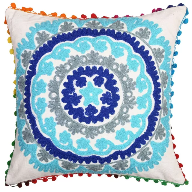 Decorative Cotton Floral Pom Pom White 17x17 Embroidered Suzani Pillow Cover