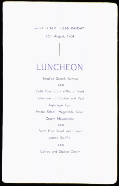 Vintage MV Clan Ramsay Ship Launch Menu Card 26th August 1964