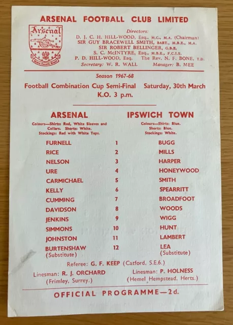 Arsenal Reserves v Ipswich Town Reserves 30th March 1968