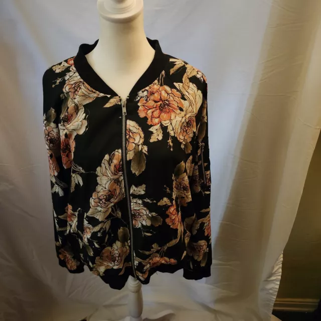 Sanctuary Womens Bomber Jacket Large Black Peach Floral Polyester Zip Lined