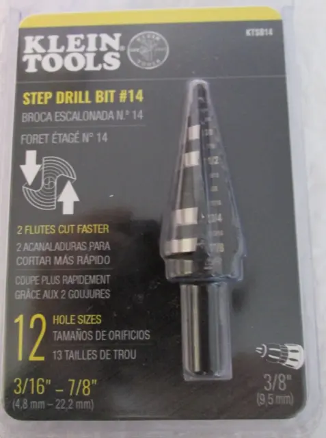 Klein Tools 3/16" -7/8" Step Drill Bit #14 3/8" shank #KTSB14 FACTORY SEALED