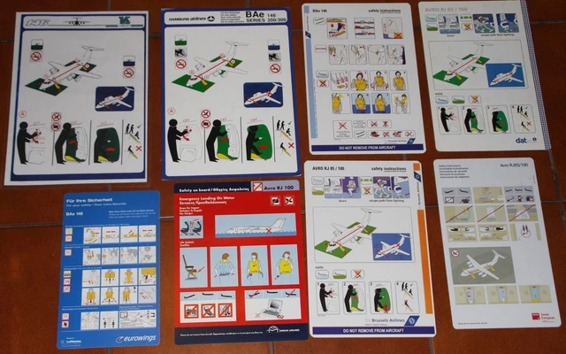8x VARIOUS AIRLINES BAe146/AVRO RJ SAFETY CARD LOT (SWISS-HAMBURG AL -BRUSSELS) 8x VARIOUS AIRLINES BAe146/AVRO RJ SAFETY CARD LOT (SWISS-HAMBURG AL -BRUSSELS)