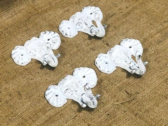 4 Cast Iron Elepahnt Head Hooks Coat Key Rustic Entry Way Hall Tree Decor White