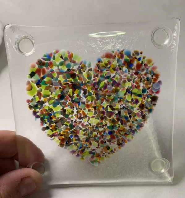 3 Art Glass Coasters hand made multi color 4 x 4 inch Heart Clear Glass