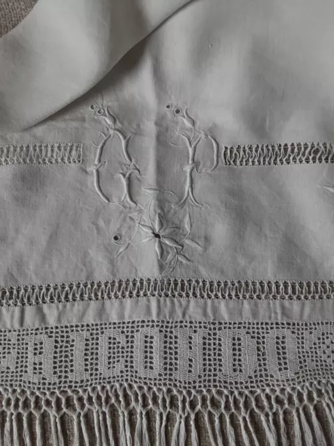 Antique Hand Tea Towel Linen Monogram Hemstitched Off White Fringe Lace Floral 3