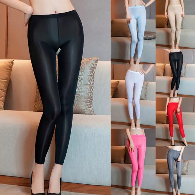 Women Open Crotch Satin Glossy Opaque Leggings Super Shiny Slim Pants Trousers