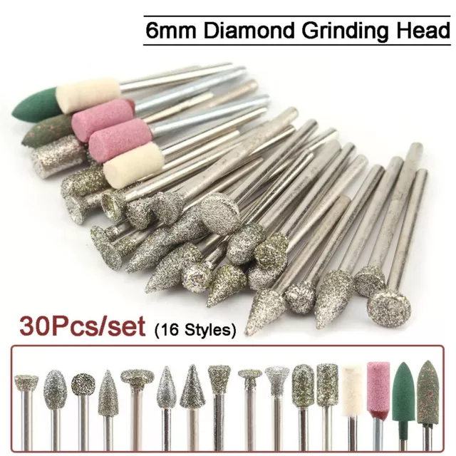 30Pc Diamond Coated Grinding Head Glass Burr Bits Dremel F Rotary Tool 3mm Shank