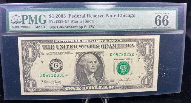 2003 Chicago $1 Federal Reserve Note Fr#1929-G* Pmg Gem Uncirculated 66