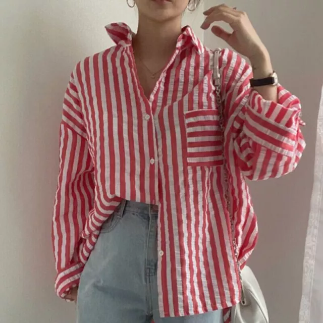 Ladies Arty Red White Striped Urban Boho  Casual Loose  Blouse Shirt Top  8 10