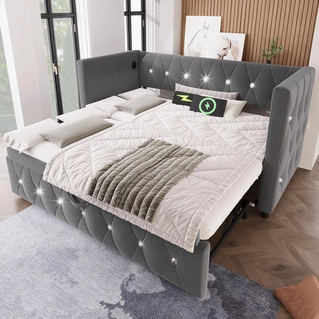 BTM 3FT DAYBED w/ Trundle USB TypeC Charging Velvet Sofa Bed Grey