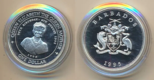 Barbados: 1995 $1 Proof 925 Silver The Queen Mother's Birthday