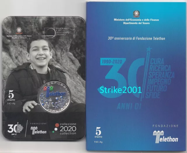 NEW !!! 5 EURO Argento fdc ITALIA 2020 30° Fondazione Telethon NEW !!!