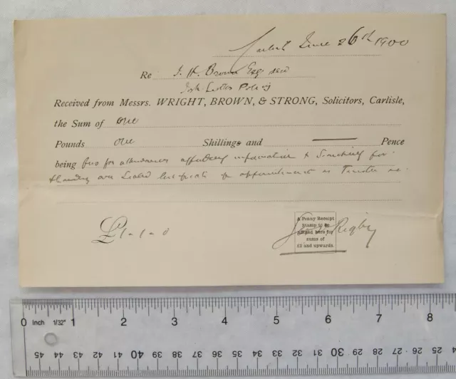 1900 receipt signed Jas. Rigby from Wright Brown Strong, Carlisle