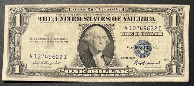 1935F USA $1 One Dollar Silver Certificate V12749622I Light Circ Crisp Straight