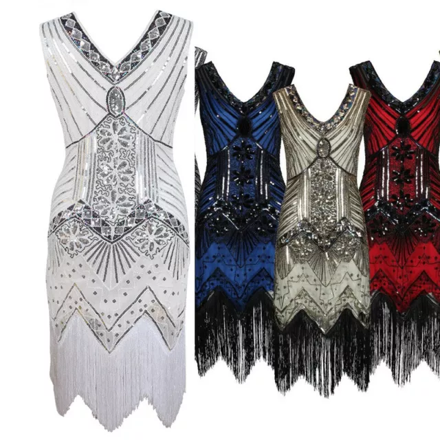 V-neck Dress Great Gatsby Evening Party 1920's Dress Costume Sequin Tassel