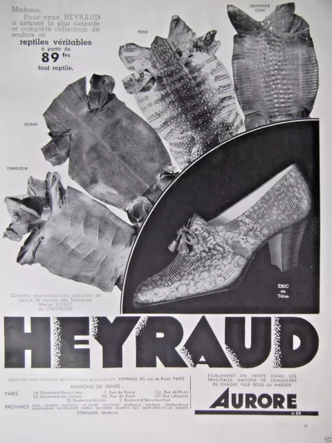 Publicité De Presse 1933 Heyraud Collection De Souliers En Reptiles Véritables