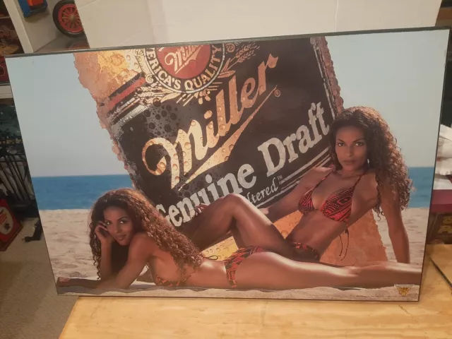 Vintage HTF 1992 Miller Genuine Draft Bikini Models Beach Wood Sign ATG