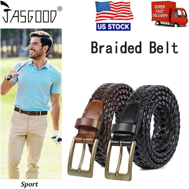 Belt For Men Elastic Canvas Waistband Metal Buckle Braided Woven Stretch Straps