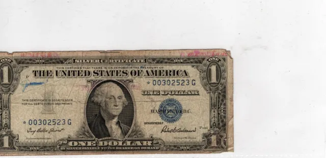 Star Note Series 1937F One Dollar Silver Certificate Blue Seal